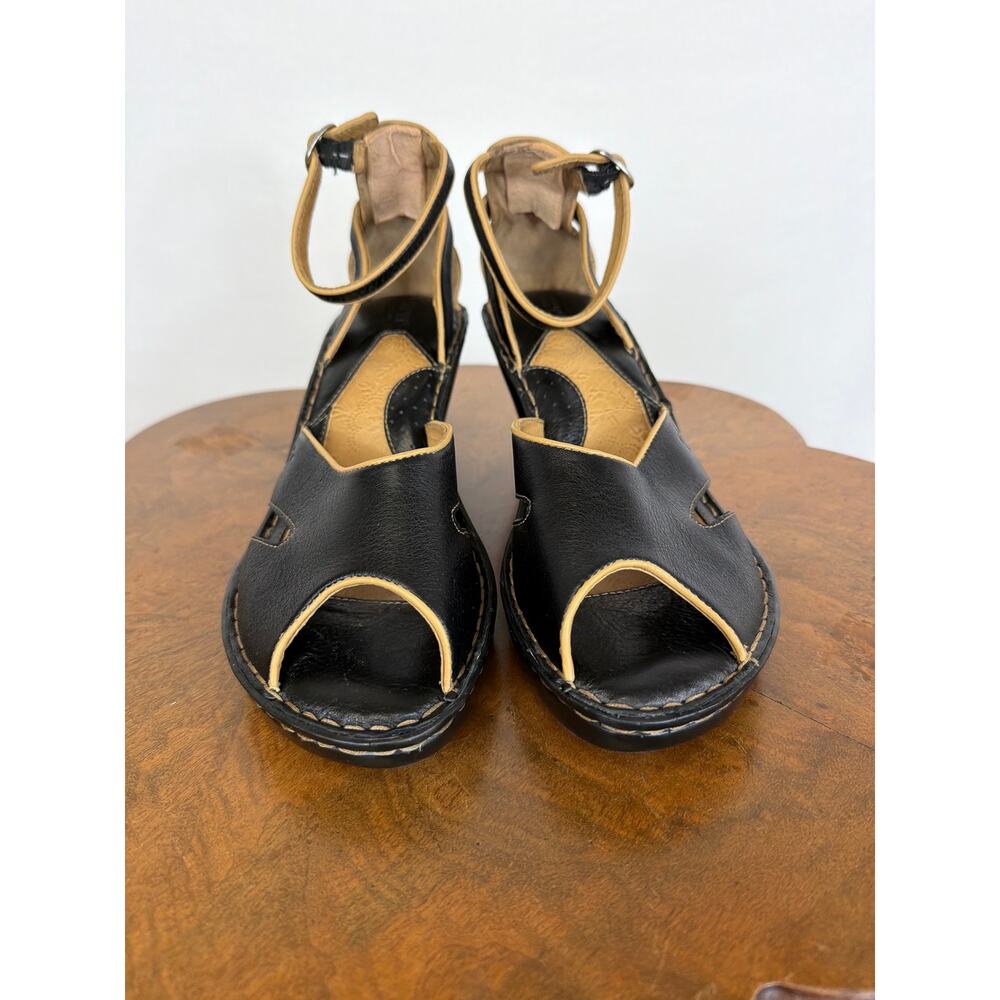 Born Black Leather Peep Toe Sandals Tan Piping Contrast Stitch Heel Size 10 - Picture 2 of 11